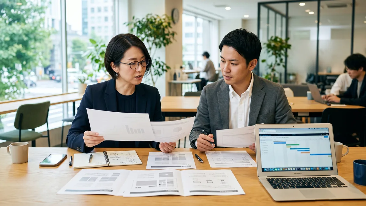 依頼前に複数社の提案書と見積もりを見比べて検討する中小企業の担当者の様子
