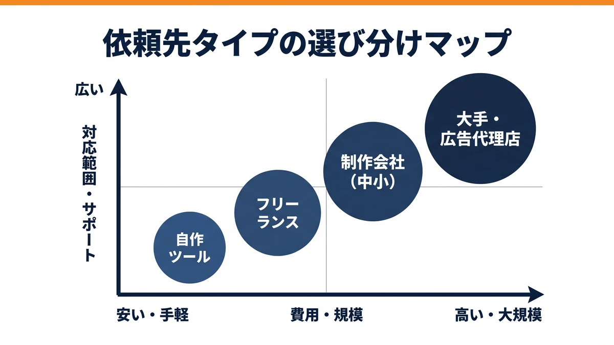 ホームページの依頼先タイプ別の比較マップ。自作ツール・フリーランス・制作会社(中小)・大手/広告代理店を費用規模と対応範囲で配置
