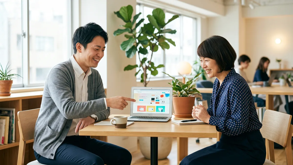 明るいオフィスで、ホームページ制作担当者が中小企業の経営者にノートパソコンを見せながら和やかに打ち合わせをしている様子